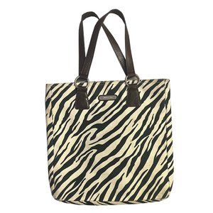 cynthia rowley zebra canvas tote bag with brown leather handles